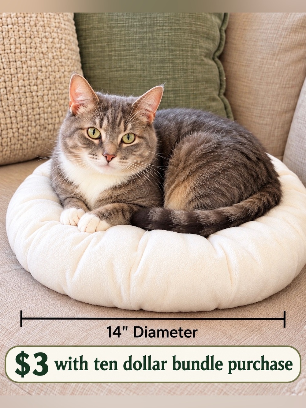 Cozy Round Tufted Cat Bed Cushion - Cream